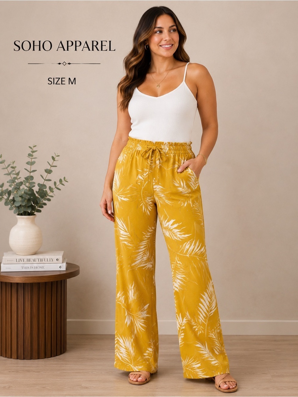 SOHO APPAREL Vibrant Yellow Pants with Leaf Design casual summer /size M